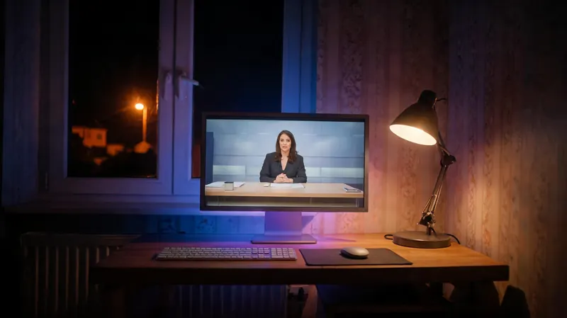 A desktop monitor in a home office at night showing a studio news programme