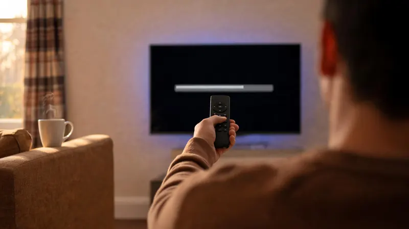 A viewer pointing a streaming-stick remote at a TV showing a download progress bar