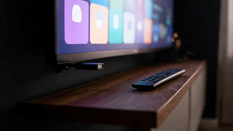 A streaming stick plugged into the side of a wall-mounted TV, its remote on the TV unit below