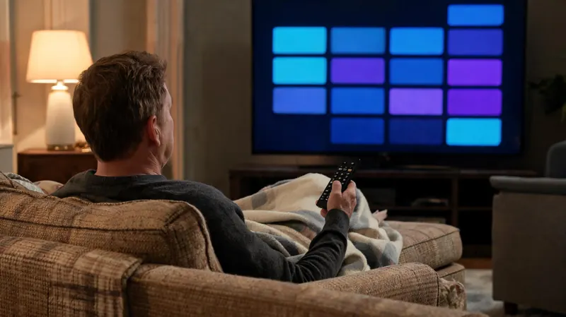 A man on a sofa with a remote, looking at a TV programme guide on a large screen