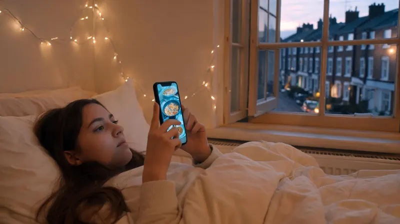 A young woman in bed watching a cooking programme on her phone, terraced houses outside the window