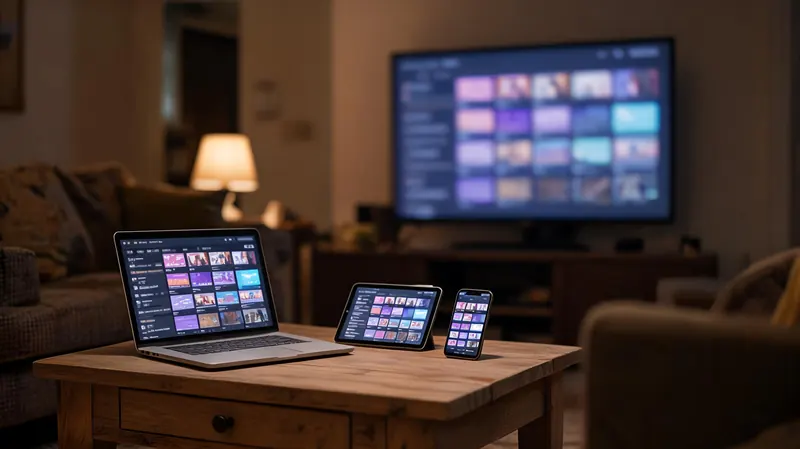 A laptop, a tablet and a phone on a coffee table showing TV programme grids, the living-room TV behind
