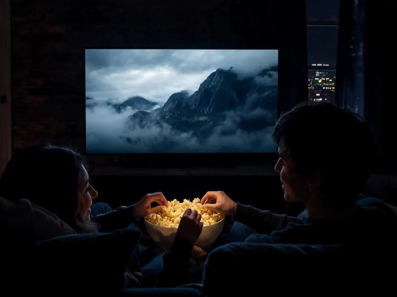Two people sharing popcorn in front of a film on a large TV