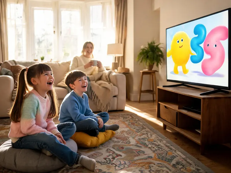 Two children laughing at a cartoon on the living room TV while their mum looks on