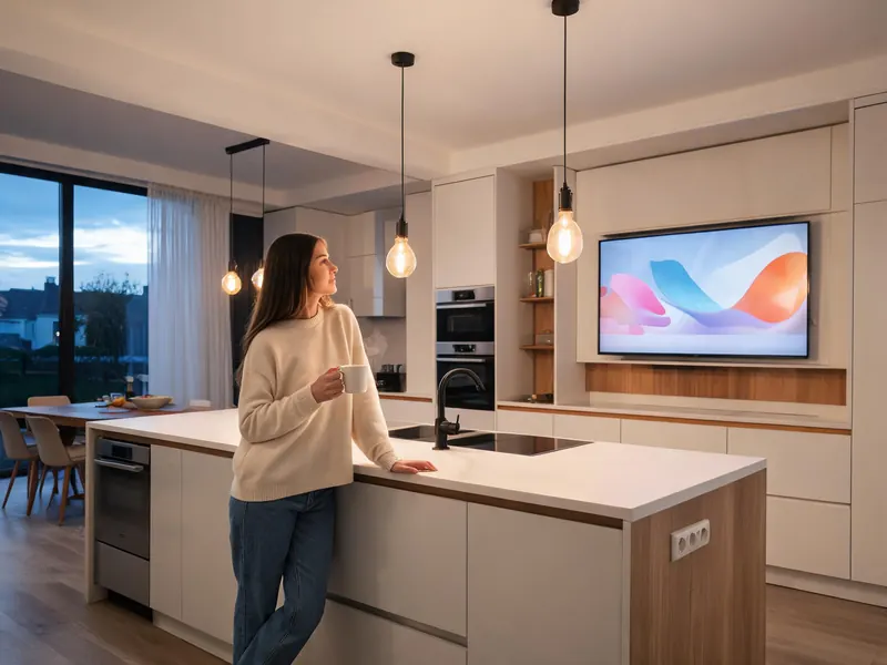 A woman with a mug of tea in a UK kitchen glancing at the live TV on the wall