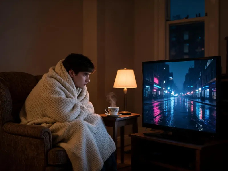 A young man under a blanket watching a series late at night