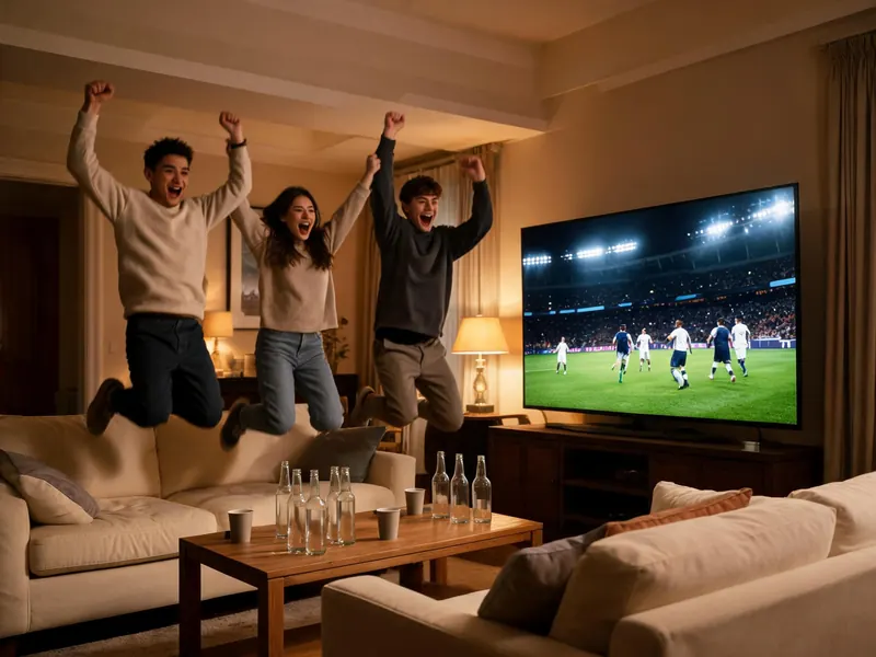 Friends on a sofa cheering a football match on a big TV