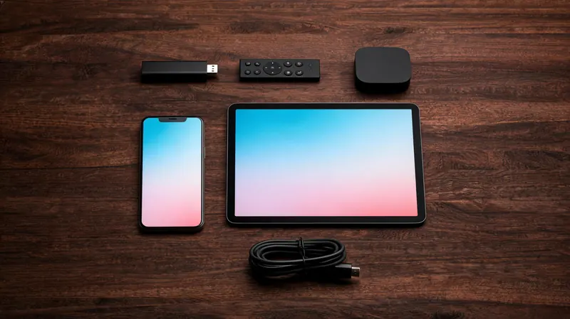 A streaming stick and remote, an Android TV box, a phone and a tablet on a walnut table