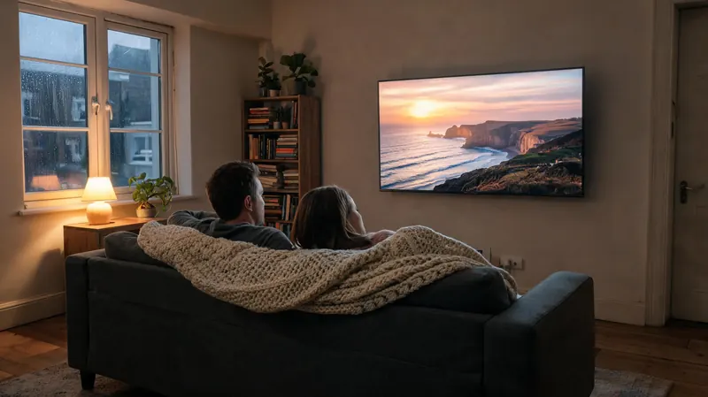 A couple on a sofa in a British living room watching a coastal landscape on a wall TV, rain on the window