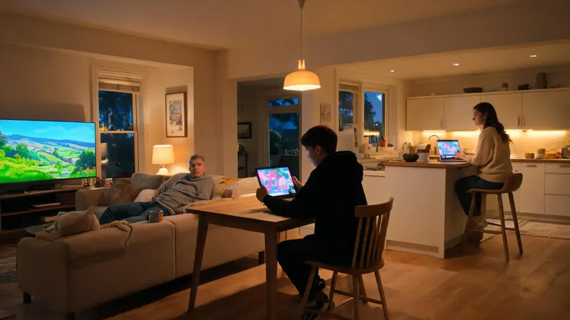 A family in an open-plan home each watching a different screen: the TV, a tablet and a laptop