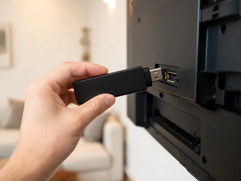 A hand plugging a streaming stick into the HDMI port at the back of a wall TV