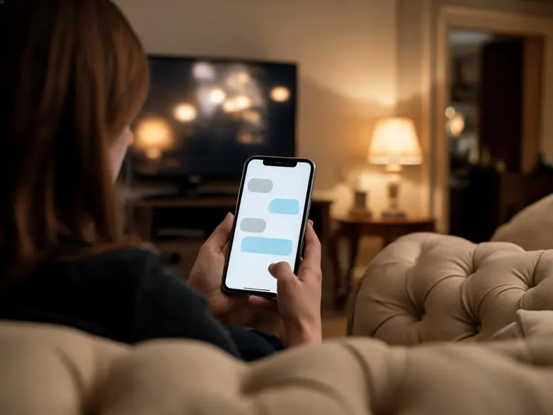 A person on a sofa reading a chat on a phone, the TV glowing behind