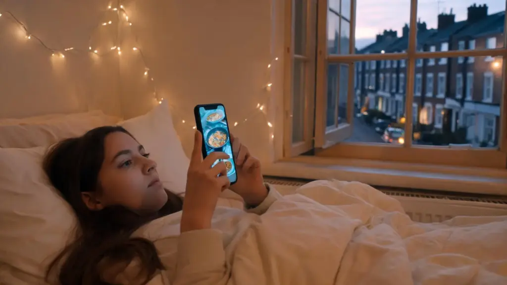 A young woman in bed watching a cooking programme on her phone, terraced houses outside the window