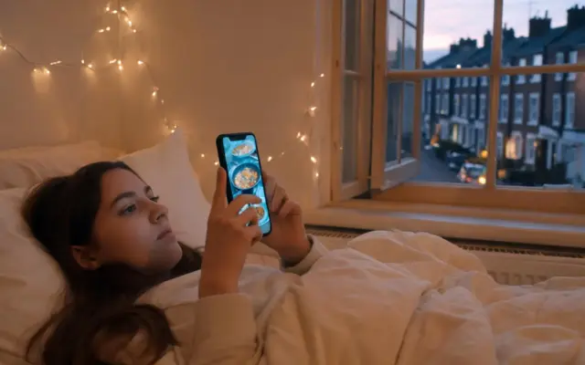 A young woman in bed watching a cooking programme on her phone, terraced houses outside the window