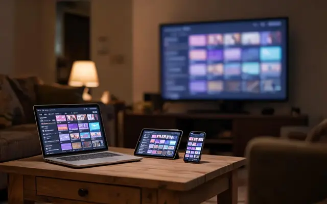 A laptop, a tablet and a phone on a coffee table showing TV programme grids, the living-room TV behind