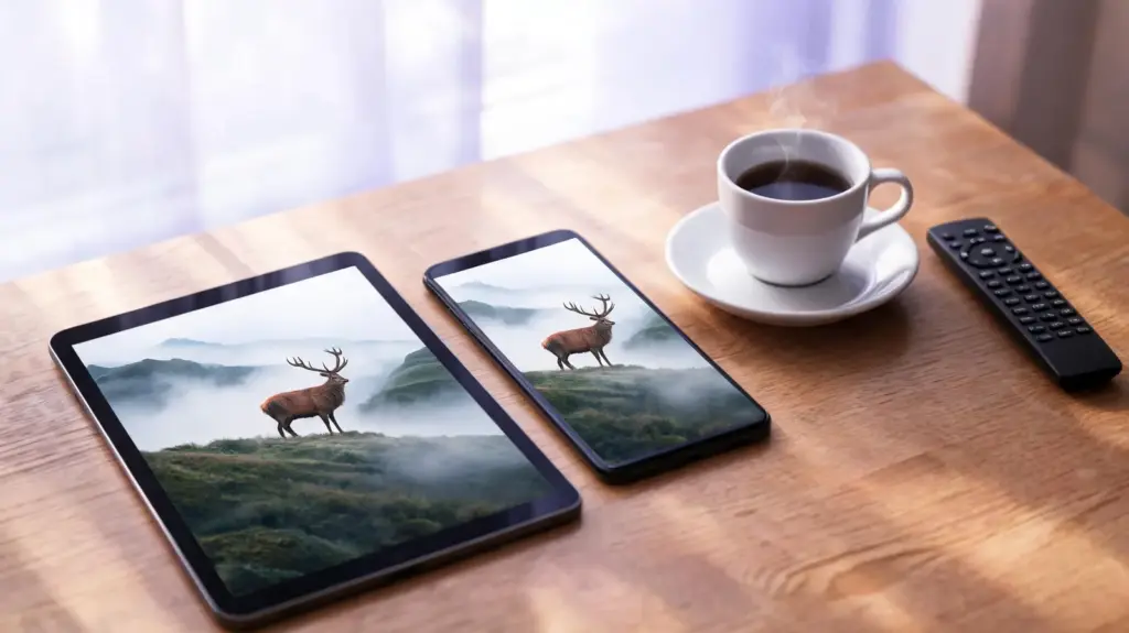 A tablet and a phone on a wooden table playing the same wildlife programme, beside a coffee and a TV remote