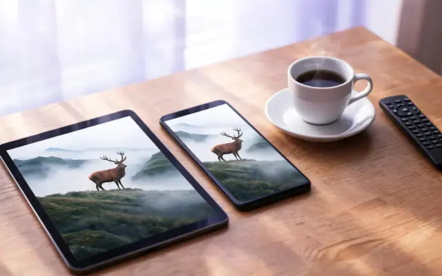 A tablet and a phone on a wooden table playing the same wildlife programme, beside a coffee and a TV remote