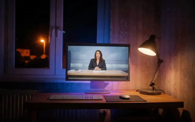 A desktop monitor in a home office at night showing a studio news programme