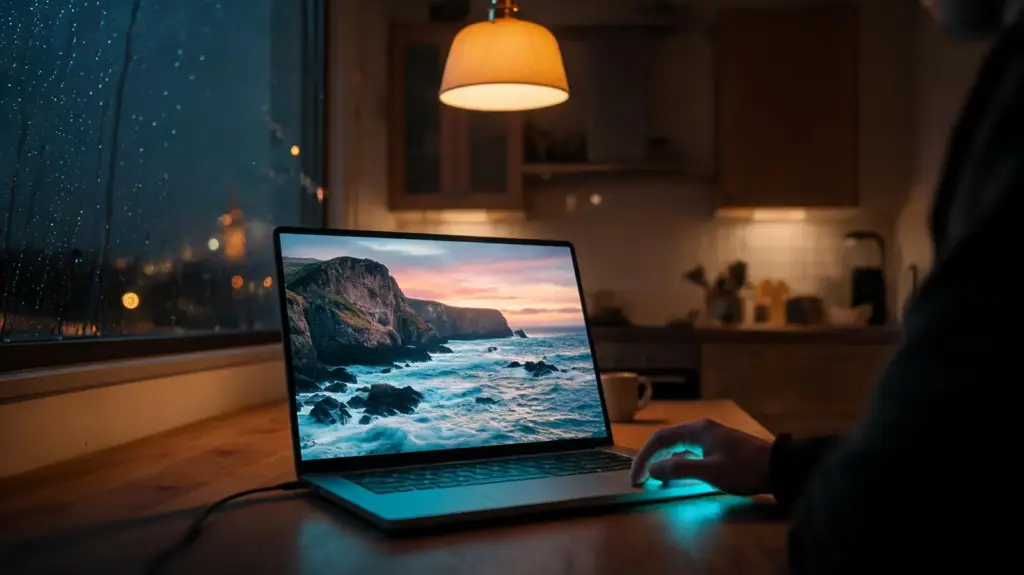 A laptop on a kitchen table at night playing a coastline documentary, rain on the window
