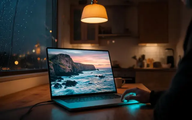 A laptop on a kitchen table at night playing a coastline documentary, rain on the window