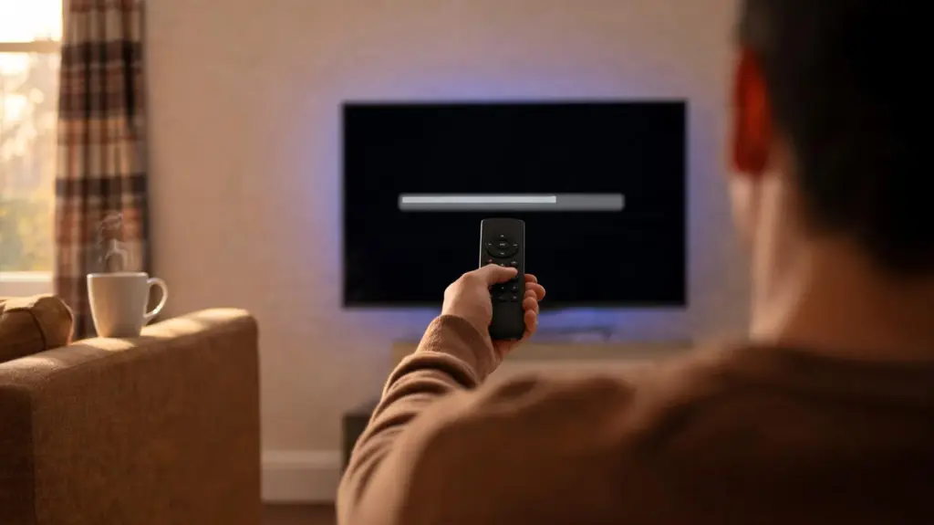 A viewer pointing a streaming-stick remote at a TV showing a download progress bar