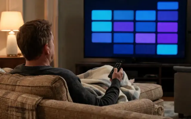 A man on a sofa with a remote, looking at a TV programme guide on a large screen